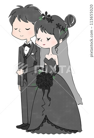 Bride and groom arm in arm in black wedding dress Bride and groom arm in arm in black wedding dress 113655020