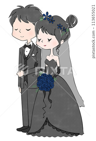Bride and groom arm in arm in black wedding dress Bride and groom arm in arm in black wedding dress 113655021