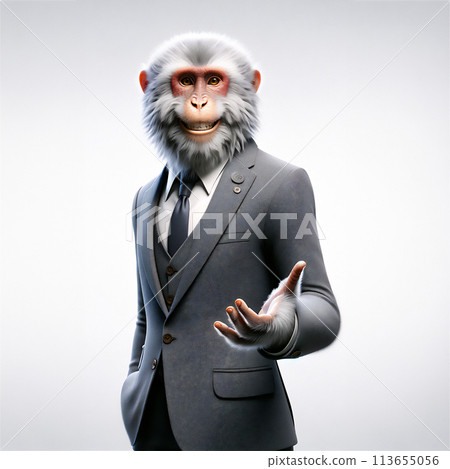 A Japanese monkey dressed in a suit smiling and asking for a handshake 113655056