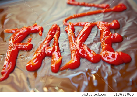 The word 'FAKE' is styled provocatively in ketchup 113655060