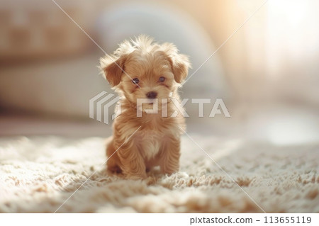This tiny puppy basks in a gentle sunbeam This tiny puppy basks in a gentle sunbeam 113655119