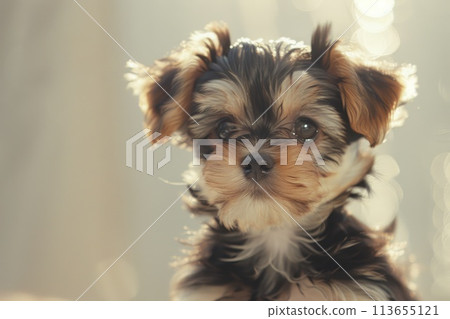 A tiny Yorkshire Terrier puppy with glossy eyes and shimmering fur A tiny Yorkshire Terrier puppy with glossy eyes and shimmering fur 113655121