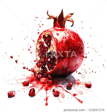 A dynamic watercolor painting of a pomegranate cut open with seeds A dynamic watercolor painting of a pomegranate cut open with seeds 113655174