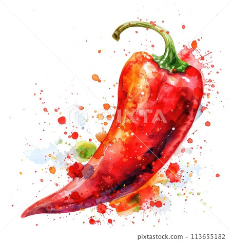 A watercolor illustration of a red chili pepper 113655182