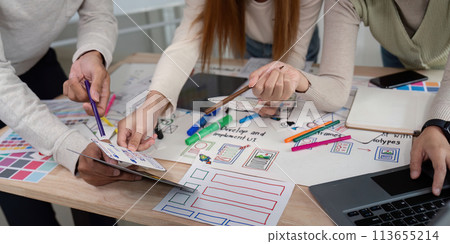 Brainstorm team of creative web graphic designer planning, Group of mobile phone app developer team meeting for share ideas about screen prototype layout for smartphone. startup planning ui and ux Brainstorm team of creative web graphic designer planning, Group of mobile phone app developer team meeting for share ideas about screen prototype layout for smartphone. startup planning ui and ux 113655214