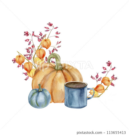 Autumn floral clip art with orange big pumpkin, blue tea cup and dark small pumpkin. Branches, autumn flowers and berries decoration. Cozy warm fall frame 113655413