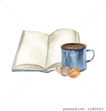 Opened book with blue metal cup of coffee and leaves watercolor composition. Hand drawn cozy fall clip art for home, harvest season, thanksgiving greeting card design 113655415