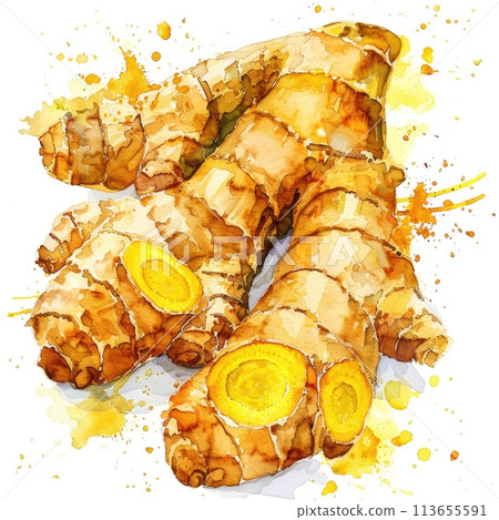 A warm and inviting watercolor illustration of ginger root with golden splashes A warm and inviting watercolor illustration of ginger root with golden splashes 113655591