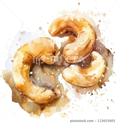 Artistic watercolor painting of cashew nuts with a burst of paint splashes 113655605