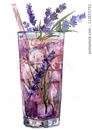 Refreshing Lavender Lemonade Watercolor Illustration with Ice and Straw Refreshing Lavender Lemonade Watercolor Illustration with Ice and Straw 113655752