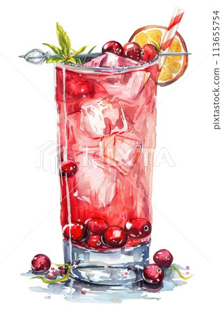 Vibrant Watercolor Painting of a Refreshing Cranberry Cocktail in a Glass Vibrant Watercolor Painting of a Refreshing Cranberry Cocktail in a Glass 113655754