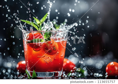 Splashing Tomato Cocktail with Fresh Herbs on Dark Backdrop 113655757