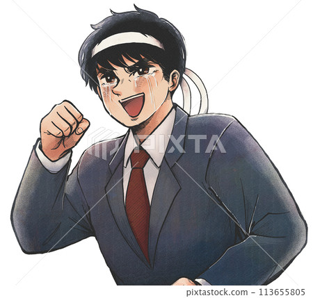 A Showa-style comic illustration of a crying businessman wearing a headband 113655805