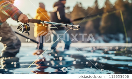 People actively fishing by the water's edge, AI Generated 113655906