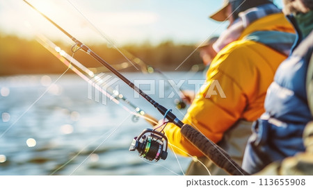 People enjoy fishing by the riverbank, AI Generated 113655908