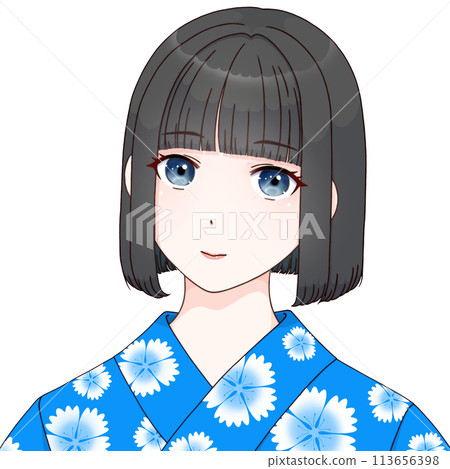 穿著石竹圖案浴衣的女人，藍色②【Cel風格插畫】 113656398