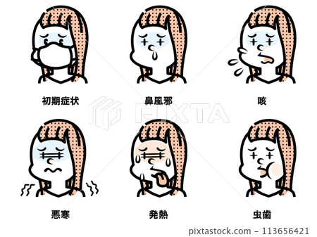Illustration of a woman with various symptoms 113656421
