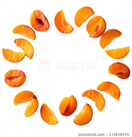 Dried peaches pale orange and slightly fuzzy arranged in a semi circle on a transparent 113656459