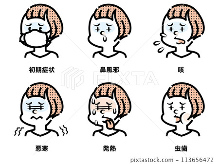 Illustration of a woman with various symptoms 113656472