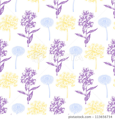 Vintage seamless pattern with spring flowers primrose. 113656734