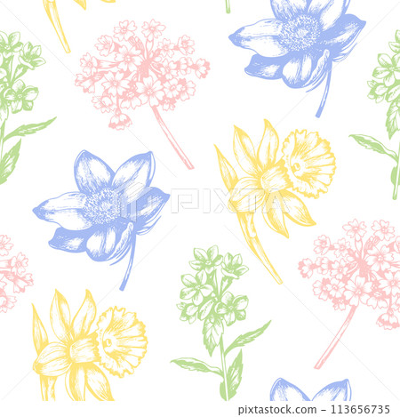 Vintage seamless pattern with spring flowers. 113656735