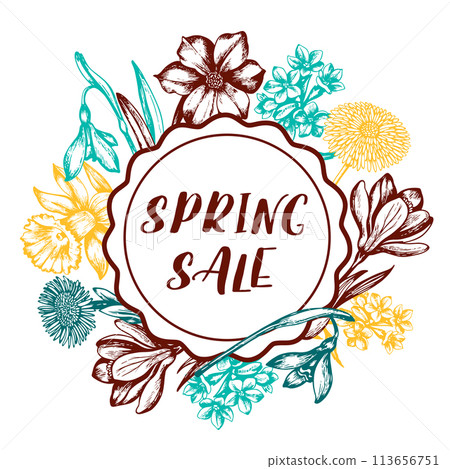 Vintage label with spring flowers Vintage label with spring flowers 113656751