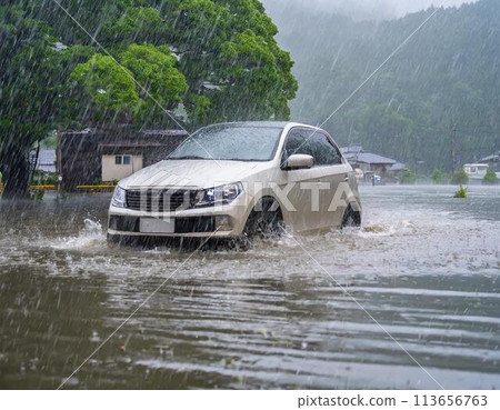 大雨期間汽車在城市中行駛 113656763
