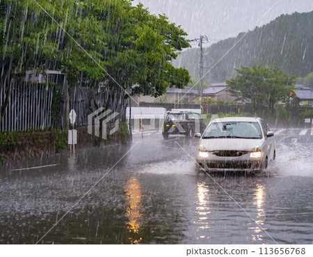 大雨期間汽車在城市中行駛 113656768