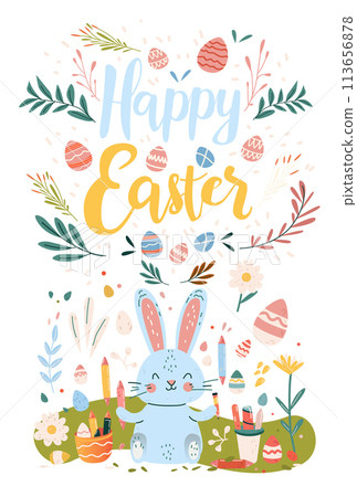 Happy Easter greeting card with eggs in pastel colors spring holiday celebration card vertical 113656878