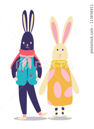 Happy Easter greeting card with rabbits and eggs spring holiday celebration card Happy Easter greeting card with rabbits and eggs spring holiday celebration card 113656911