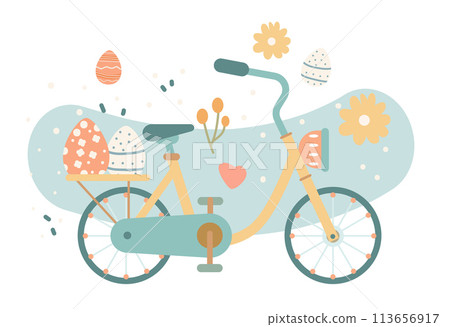 Happy Easter greeting card bicycle with eggs in pastel colors spring holiday celebration card horizontal Happy Easter greeting card bicycle with eggs in pastel colors spring holiday celebration card horizontal 113656917