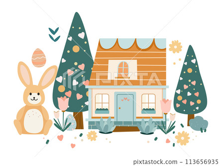 Happy Easter greeting card with rabbit and eggs in pastel colors spring holiday celebration card horizontal 113656935