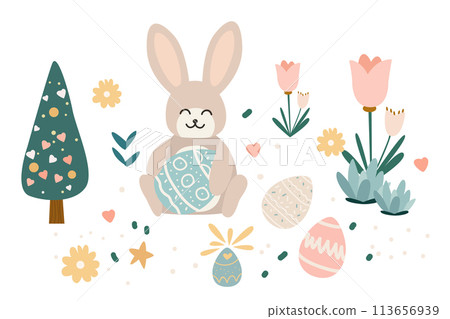 Happy Easter greeting card with rabbit and eggs in pastel colors spring holiday celebration card horizontal 113656939