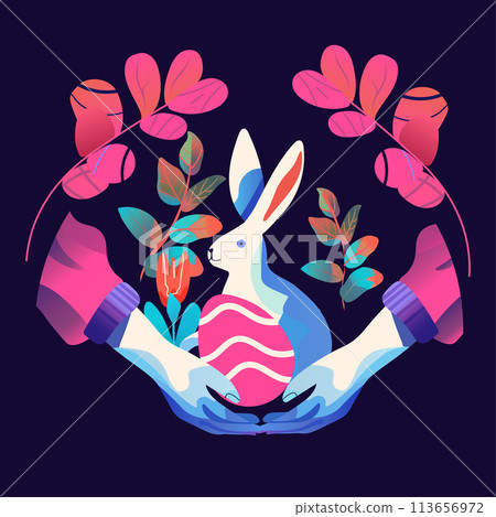 Happy Easter greeting card human hands holding rabbit and eggs spring holiday celebration card Happy Easter greeting card human hands holding rabbit and eggs spring holiday celebration card 113656972