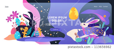 Happy Easter greeting card with two rabbits spring holiday celebration card horizontal copy space Happy Easter greeting card with two rabbits spring holiday celebration card horizontal copy space 113656982