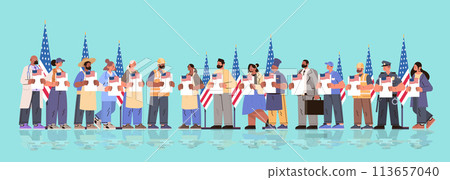 election day concept different occupations voters casting ballots at polling place during voting people holding paper ballots horizontal 113657040