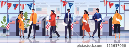 election day concept voters casting ballots at polling place during voting people holding paper ballots horizontal 113657066