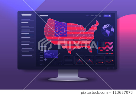 USA presidential election statistic banner with infographics American Election campaign statistics with map and data graphs on computer monitor 113657073
