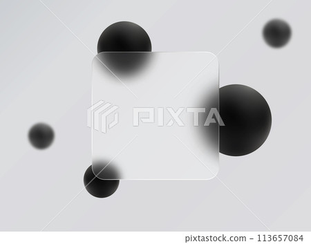 Glass morphism website landing page template. White background and square frosted glass partition with black spheres. 113657084