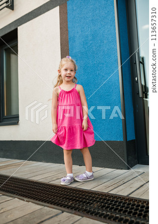 Child girl with hearing aid and cochlear implantation system. Kid with hearing problems walks outdoor in summer. Inclusion and diversity concept Child girl with hearing aid and cochlear implantation system. Kid with hearing problems walks outdoor in summer. Inclusion and diversity concept 113657310