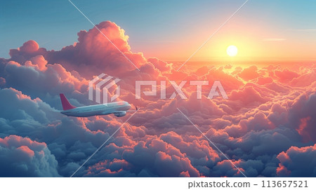 Commercial airplane in flight above the clouds with clear blue sky. Aviation and travel concept 113657521
