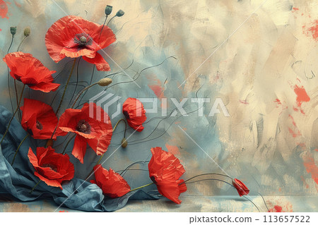 Bright red poppies on a background, with place for text, copy space. Concept of respect and memory Bright red poppies on a background, with place for text, copy space. Concept of respect and memory 113657522