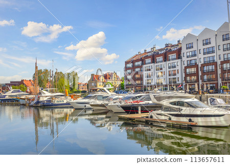 Moored yachts in Gdansk 113657611