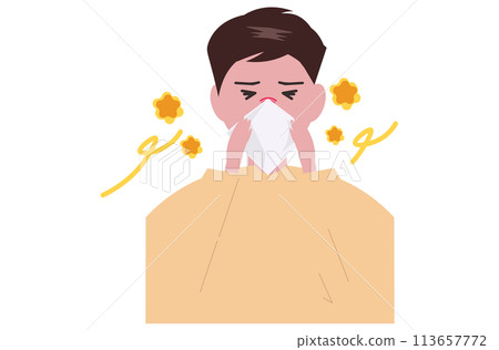 一名男子因黃塵過敏。一個人因花粉熱而擤鼻涕。向量圖 113657772