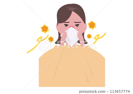 一名婦女因黃塵過敏。一個人因花粉熱而擤鼻涕。向量圖 113657774