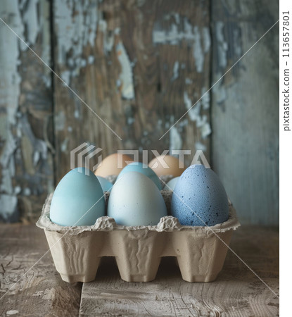 An artisanal Easter egg carton with selection of uniquely dyed eggs 113657801