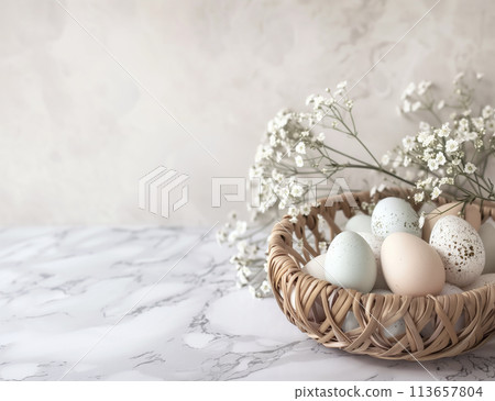 Nest of soft colored speckled Easter eggs lies among delicate blossoms and feathers Nest of soft colored speckled Easter eggs lies among delicate blossoms and feathers 113657804