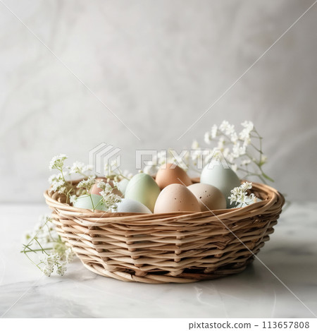 Nest of soft colored speckled Easter eggs lies among delicate blossoms and feathers 113657808