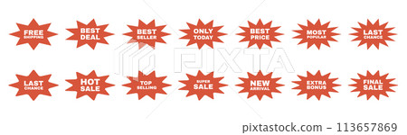 Collection of starbust badge label for sale promotion. Red silhouette stickers set with text. Collection of starbust badge label for sale promotion. Red silhouette stickers set with text. 113657869