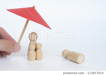 Family wooden dolls covered with insurance due to lost of loves one. Insurance concept. 113657914